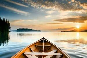 une canoë est flottant sur le l'eau à le coucher du soleil. généré par ai photo