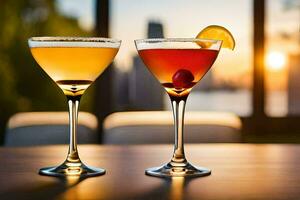 deux des cocktails asseoir sur une table avec une le coucher du soleil dans le Contexte. généré par ai photo