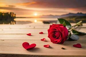 rouge Rose sur le en bois table avec cœurs. généré par ai photo