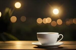 une tasse de café sur une en bois table avec lumières dans le Contexte. généré par ai photo