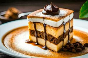 une tranche de gâteau avec Chocolat et café haricots. généré par ai photo