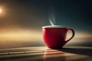 une rouge tasse de café sur une en bois tableau. généré par ai photo