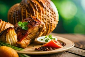 une assiette de nourriture avec poulet, patates et des légumes. généré par ai photo