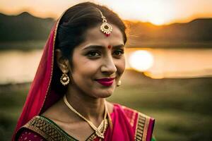 une magnifique Indien femme dans une sari à le coucher du soleil. généré par ai photo