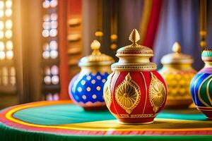 Trois coloré des vases sur une table avec une d'or lampe. généré par ai photo