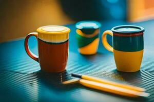 deux coloré café tasses et une crayon sur une tableau. généré par ai photo