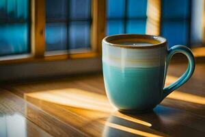 une café tasse séance sur une en bois tableau. généré par ai photo
