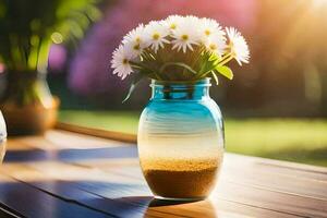 une vase avec fleurs sur une table dans le Soleil. généré par ai photo