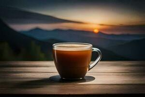 café tasse sur une en bois table avec montagnes dans le Contexte. généré par ai photo