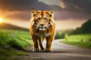 une Lion en marchant vers le bas une route à le coucher du soleil. généré par ai photo