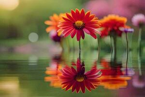 fleurs dans l'eau avec réflexion. généré par ai photo