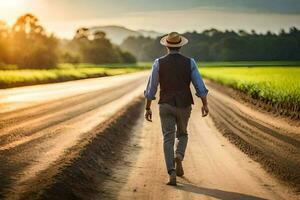 une homme dans une chapeau et gilet en marchant vers le bas une saleté route. généré par ai photo