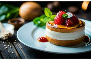 une dessert avec des fraises et crème sur une blanc plaque. généré par ai photo