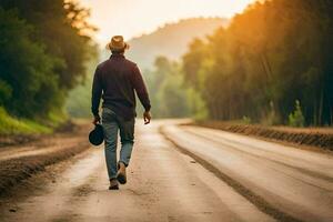 homme en marchant sur une route à le coucher du soleil. généré par ai photo