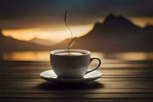 une tasse de café sur une en bois table avec montagnes dans le Contexte. généré par ai photo