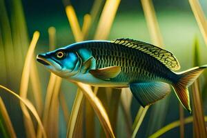 une poisson est flottant dans le herbe avec certains grand herbe. généré par ai photo