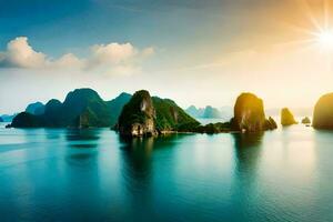 le Soleil brille sur le l'eau et montagnes dans vietnam. généré par ai photo