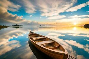 une bateau est flottant dans le l'eau à le coucher du soleil. généré par ai photo