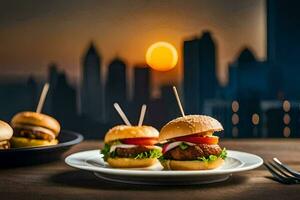 Trois mini des hamburgers sur assiettes avec une le coucher du soleil dans le Contexte. généré par ai photo