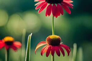 deux rouge fleurs sont permanent dans le herbe. généré par ai photo