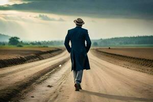 une homme dans une chapeau et manteau en marchant vers le bas une saleté route. généré par ai photo