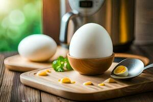 un Oeuf dans une en bois bol avec une cuillère. généré par ai photo