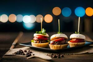 miniature apéritifs sur une noir assiette avec cure-dents. généré par ai photo