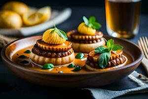 une assiette de nourriture avec patates et citron tranches. généré par ai photo