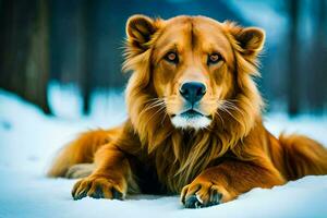 une Lion pose dans le neige. généré par ai photo