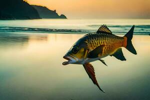 une poisson est en volant plus de le l'eau à le coucher du soleil. généré par ai photo