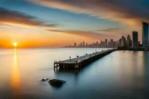 le Soleil monte plus de le ville horizon dans Dubai. généré par ai photo