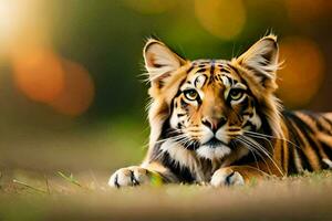une tigre est pose sur le herbe dans le lumière du soleil. généré par ai photo
