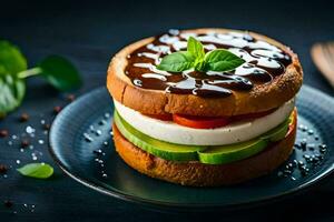 une sandwich avec fromage, tomate, et Avocat sur une noir plaque. généré par ai photo