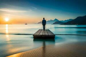 une homme permanent sur une Dock à la recherche en dehors à le océan à le coucher du soleil. généré par ai photo