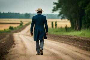 une homme dans une bleu costume et chapeau en marchant vers le bas une saleté route. généré par ai photo