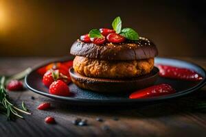 une Burger avec tomates et herbes sur une noir plaque. généré par ai photo