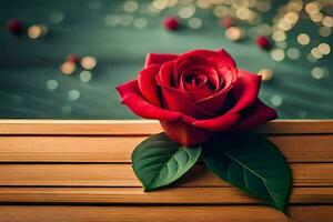 une rouge Rose sur une en bois table avec bokeh. généré par ai photo