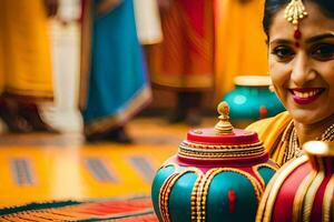 une femme dans traditionnel Indien tenue en portant une pot. généré par ai photo