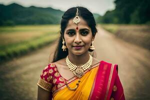 une femme dans une sari pose pour une portrait. généré par ai photo