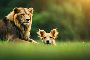 une Lion et une chien sont pose dans le herbe. généré par ai photo