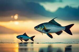 deux poisson nager dans le océan à le coucher du soleil. généré par ai photo