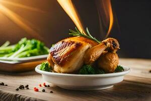 une poulet est sur une assiette avec brocoli et une flamme. généré par ai photo