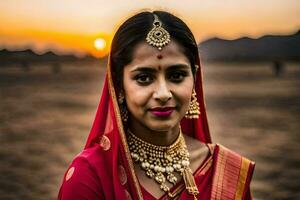 un Indien femme dans traditionnel tenue à le coucher du soleil. généré par ai photo