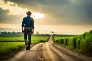 une homme dans une chapeau des promenades vers le bas une saleté route. généré par ai photo