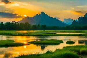 le Soleil ensembles plus de une rivière et montagnes. généré par ai photo