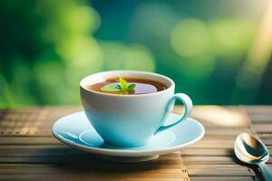 une tasse de thé sur une en bois tableau. généré par ai photo