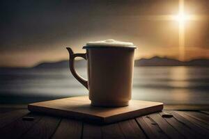 une café tasse est assis sur une en bois table dans de face de le océan. généré par ai photo