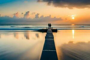 le couple est permanent sur le jetée à le coucher du soleil. généré par ai photo