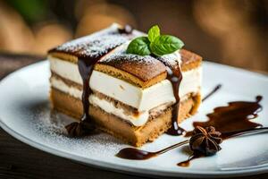 une pièce de gâteau avec Chocolat sauce et menthe feuilles. généré par ai photo