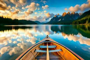 une bateau est flottant sur une Lac avec montagnes dans le Contexte. généré par ai photo